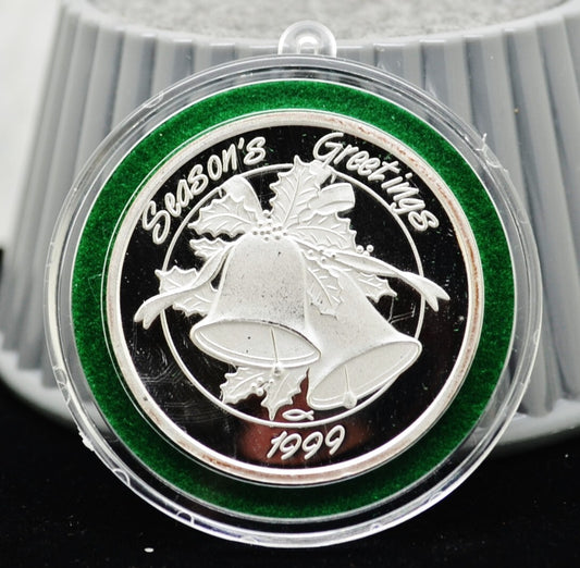 1999 Season's Greetings 1 Oz .999 Silver Art Round in Capsule
