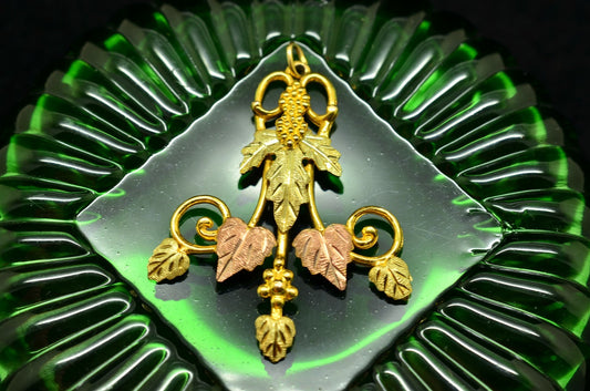 10K Yellow Gold Black Hills Gold Leaves & Grapes Design Pendant Charm -Large