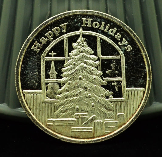 Happy Holidays Christmas Tree Art Round -1 Troy Oz .999 Silver