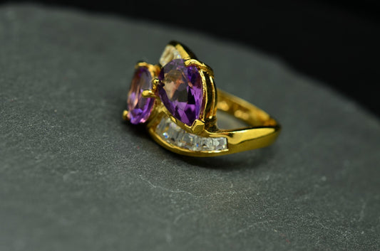 Vermeil 925 Sterling Silver Two Stone Purple Amethyst Ring Band w/ accents Sz 6
