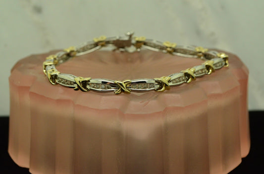 6.5" 10K White gold diamond w/ yellow gold X accents tennis bracelet 4mm #D3809