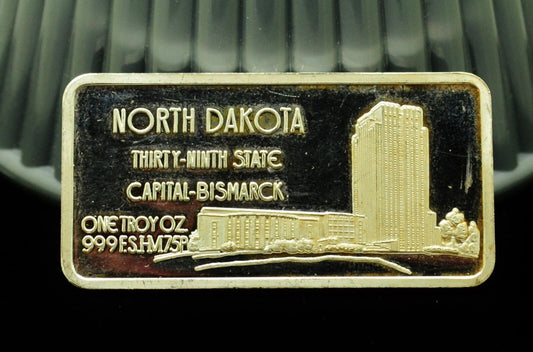 North Dakota Hamilton Mint State Ingot Art Bar -1 Troy Oz .999 Silver