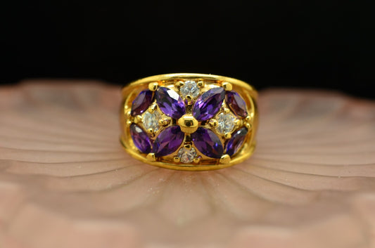 Vermeil 925 Sterling Silver Purple Sapphire & CZ Cluster Ring Band Size 7