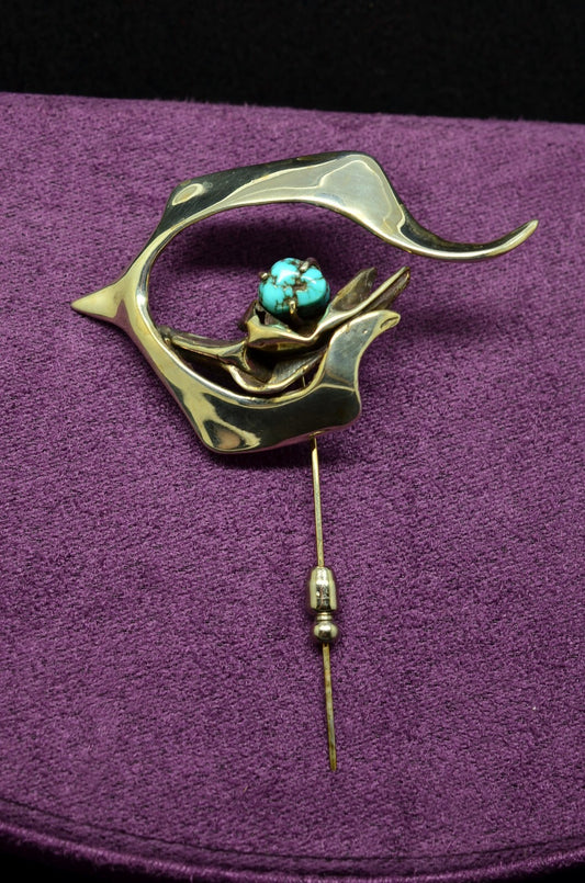 925 Sterling Silver Stylized Flower Design Lapel Hat Stick Pin w/ Turquoise