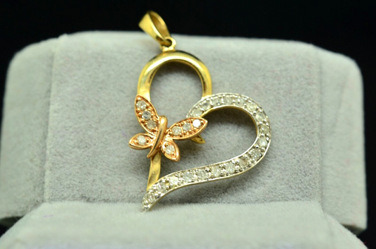 10K Yellow Gold diamond open heart pendant charm w/ rose gold butterfly 0.26 tcw