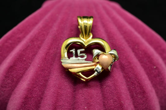 14K Tri Color Gold 15 Year Anos Birthday Quinceanera Heart Shaped Pendant Charm