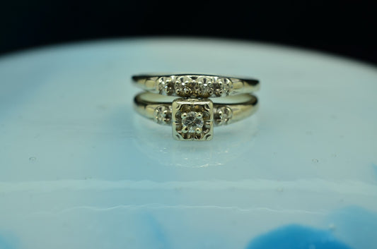 14K White Gold diamond wedding set ring band 0.22 tcw size 7