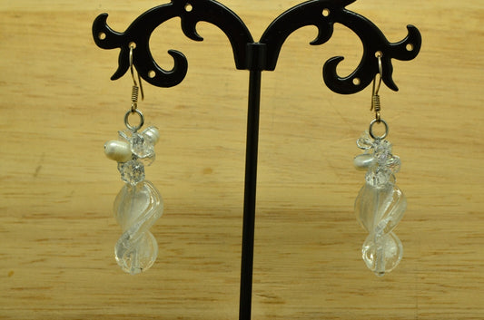 925 Sterling Silver dangling clear beads & natural pearls fishhook earrings