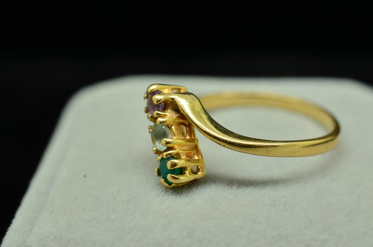 14K Yellow Gold 3 Stone Ring Band Emerald Aqua Amethyst Size 8.25