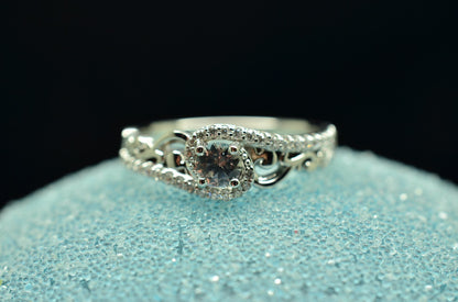 10K White Gold White Sapphire Sculptural Engagement Ring Diamond accents Size 7