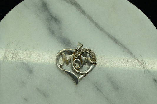 925 Sterling Silver diamond accented "MOM" open heart pendant charm 0.07 tcw