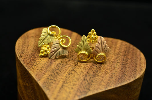12K Yellow Gold Black Hills Gold Leaves & Grapes Design Stud Earrings