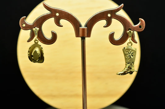 14K Yellow Gold Cowboy Cowgirl Boot & Hat Dangling Post Earrings Country Western