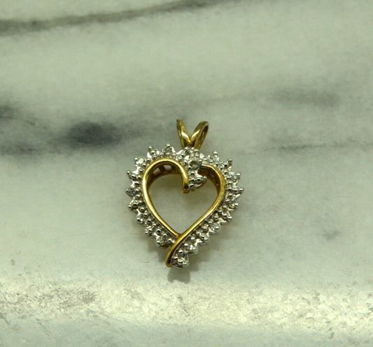 10K Yellow gold open heart w/ diamonds pendant charm 0.11 tcw #D3781