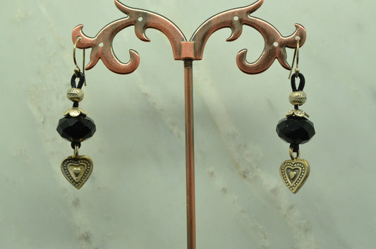 925 Sterling Silver dangling black bead & silver heart fishhook earrings