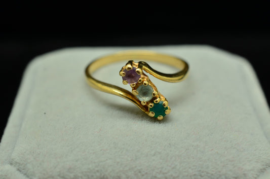 14K Yellow Gold 3 Stone Ring Band Emerald Aqua Amethyst Size 8.25