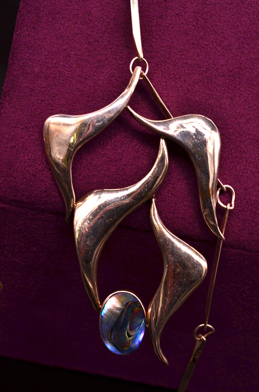 925 Sterling Silver Abalone Huge Pendant w/ 28" Bar Link Chain