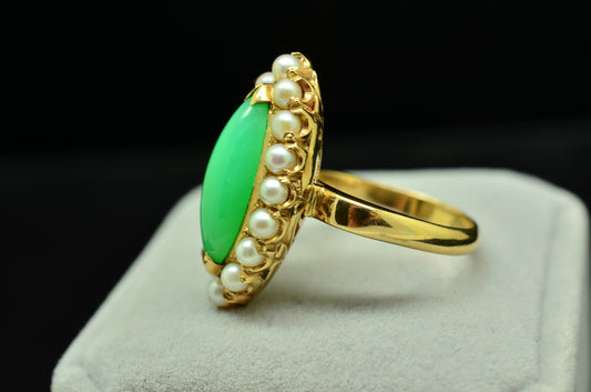 Antique Victorian 14K Yellow Gold Green Jade & Seed Pearl Halo Ring Size 7.25