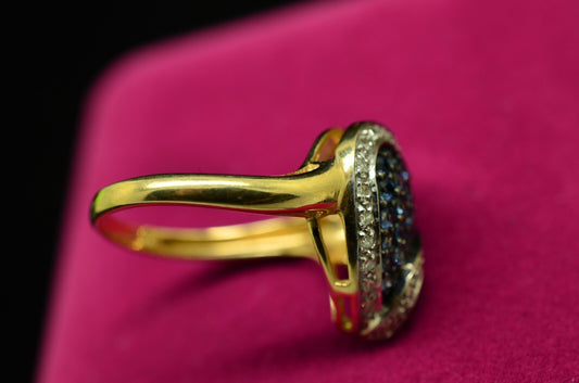 MSI 10k Yellow Gold pave blue sapphire & diamond heart shaped ring band size 7