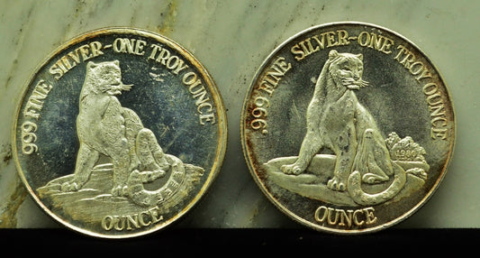 2 Mountain Lion Silver Art Rounds Carlino Mint Las Vegas 1 oz .999 Silver Each