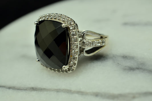 925 Sterling Silver Large Cushion Cut Onyx and CZ Ring  Sz 3.75
