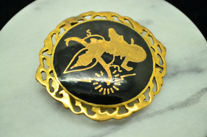 YELLOW GOLD FILLED SIAM THAILAND NIELLO ROUND PIN BROOCH -MEKKALA DANCER