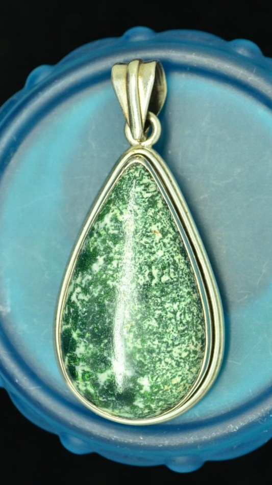 925 Sterling Silver teardrop shaped green spot jasper pendant charm