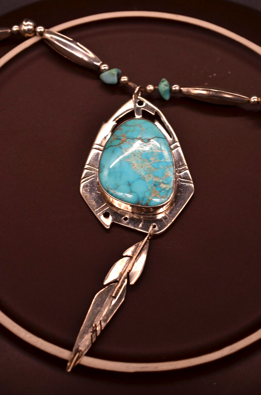 925 Sterling Silver Turquoise Pendant Charm  w/ 33" Beaded Chain