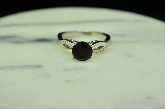 14K White Gold round black tourmaline solitaire ring band w/ diamonds size 6.25