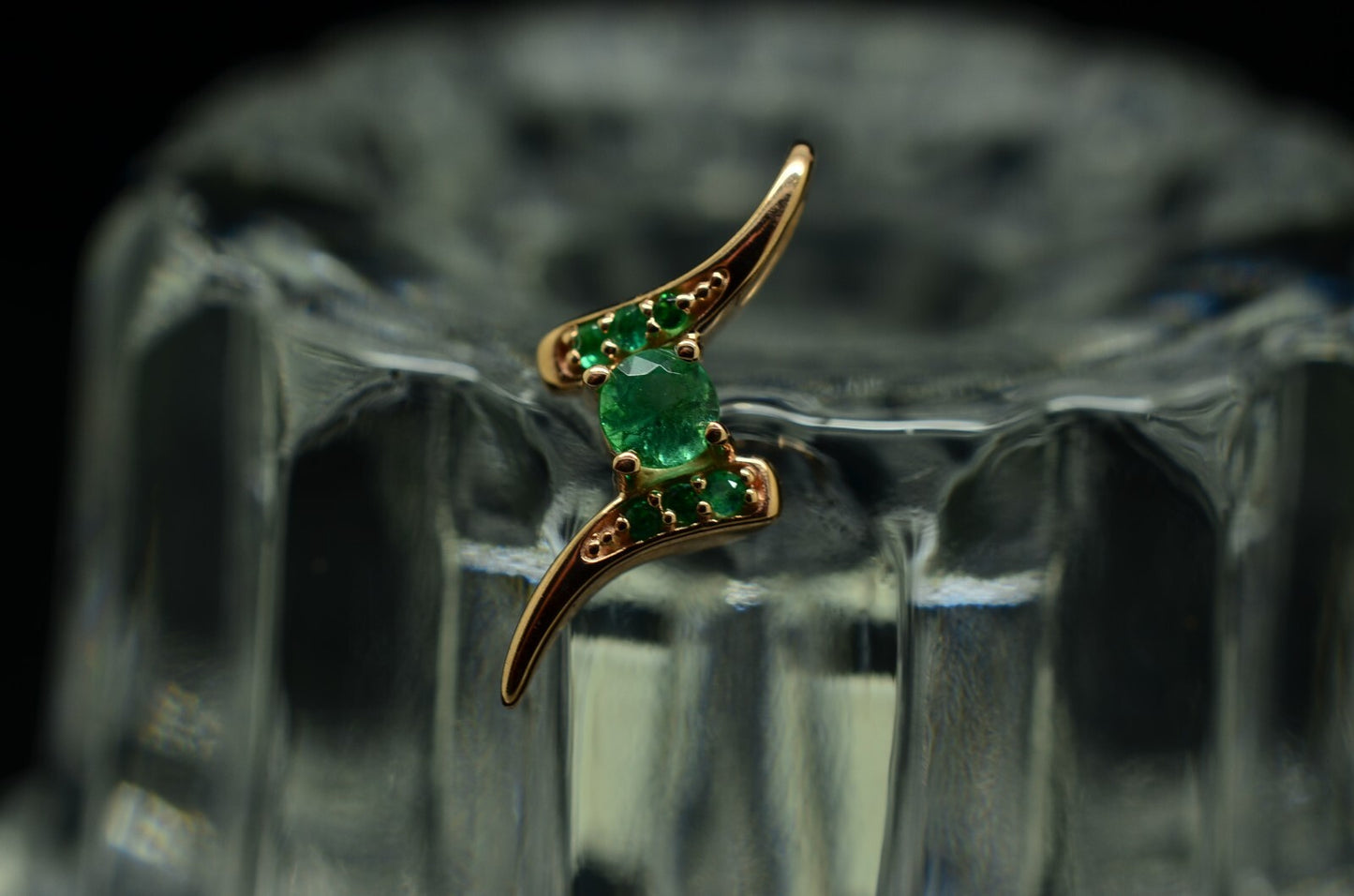 10K Rose Gold floating bypass design pendant charm with green emeralds