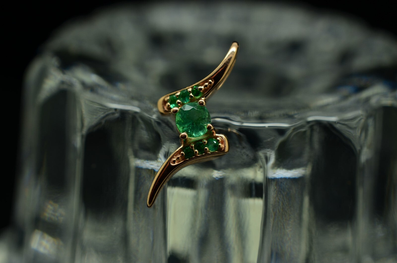 10K Rose Gold floating bypass design pendant charm with green emeralds
