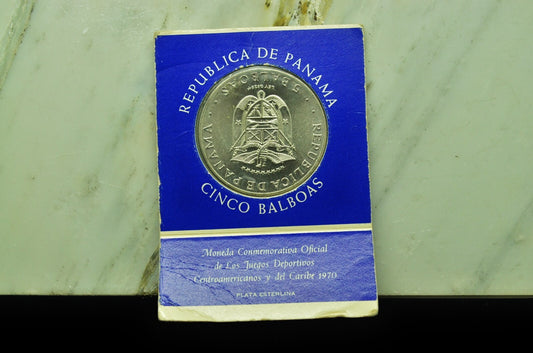 1970 Panama 5 Balboas Unc Caribbean Games Commemorative 925 Sterling Silver
