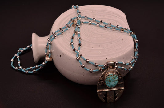 925 Sterling Silver Turquoise Pendant Charm  w/ 28" Double Strand Beaded Chain