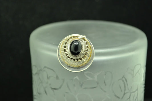 925 Sterling Silver fancy framed oval black onyx round pendant charm