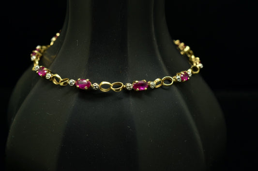 7" 10K Yellow Gold Pink Ruby Chain Bracelet 3.6mm 3.7 grams