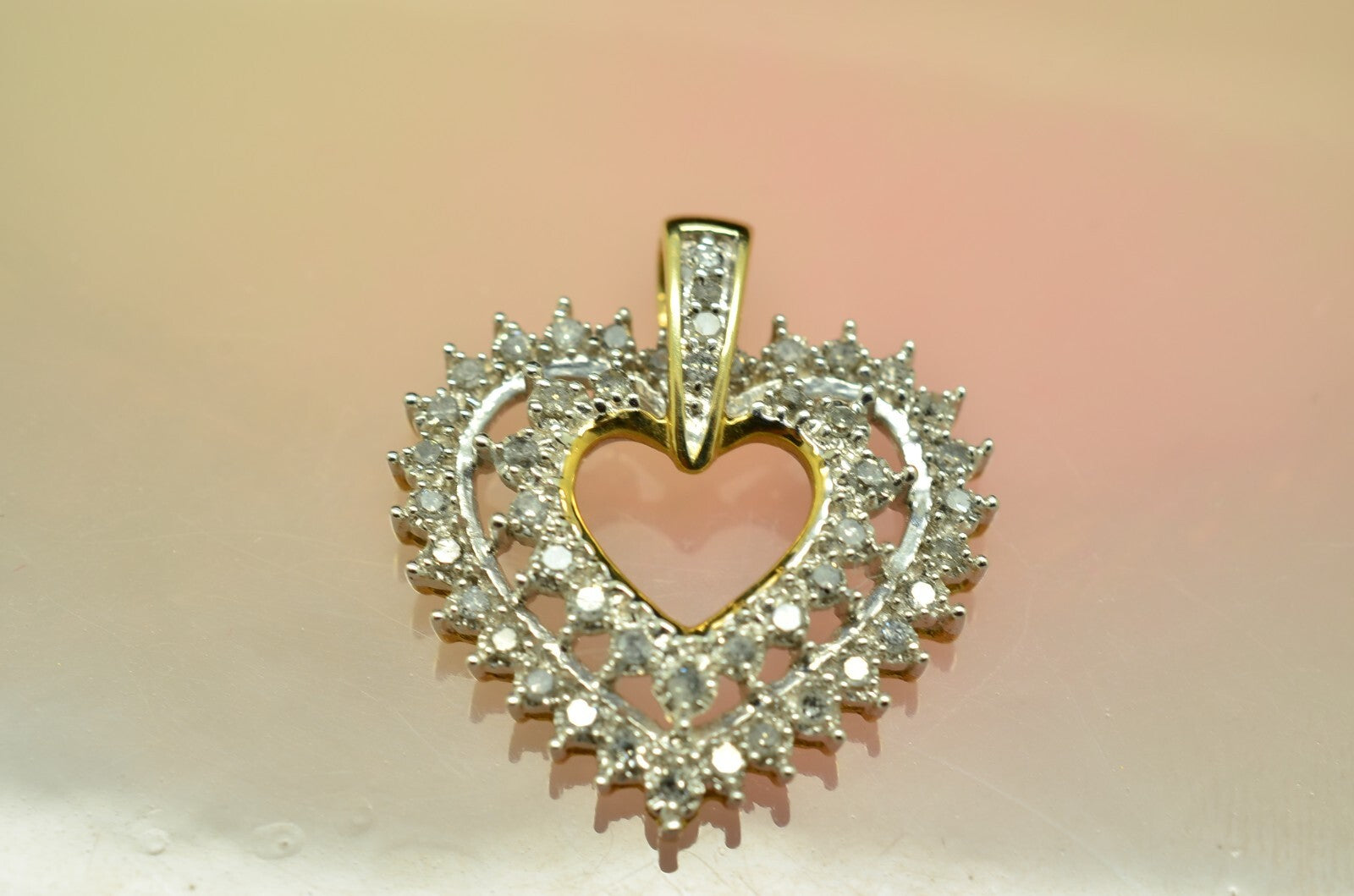 10K Yellow & White Gold Pave Diamond Open Heart Pendant Charm 0.48 tcw