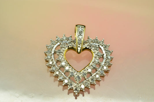 10K Yellow & White Gold Pave Diamond Open Heart Pendant Charm 0.48 tcw