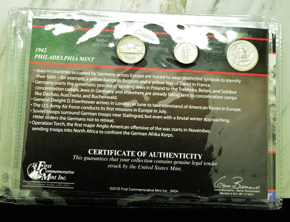 10 Display Pages of Silver Coins of WWII each w/ a Silver Nickel Dime & Quarter