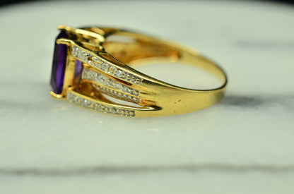 10K Yellow Gold Cushion Cut Amethyst Solitaire Ring Band w/ Diamonds Size 6.75