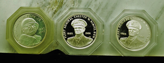 Lot of Three 925 Sterling Silver Franklin Mint Art Rounds 1 Patton & 2 Nemitz