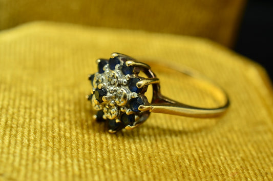 10K Yellow Gold Blue Topaz & Diamond Cluster Ring Band Size 5.25