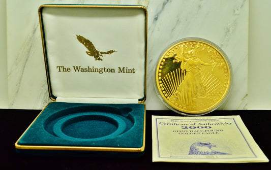 2000 Giant Half Pound Golden Eagle Art Round -8 Troy Oz .999 Silver w CASE COA