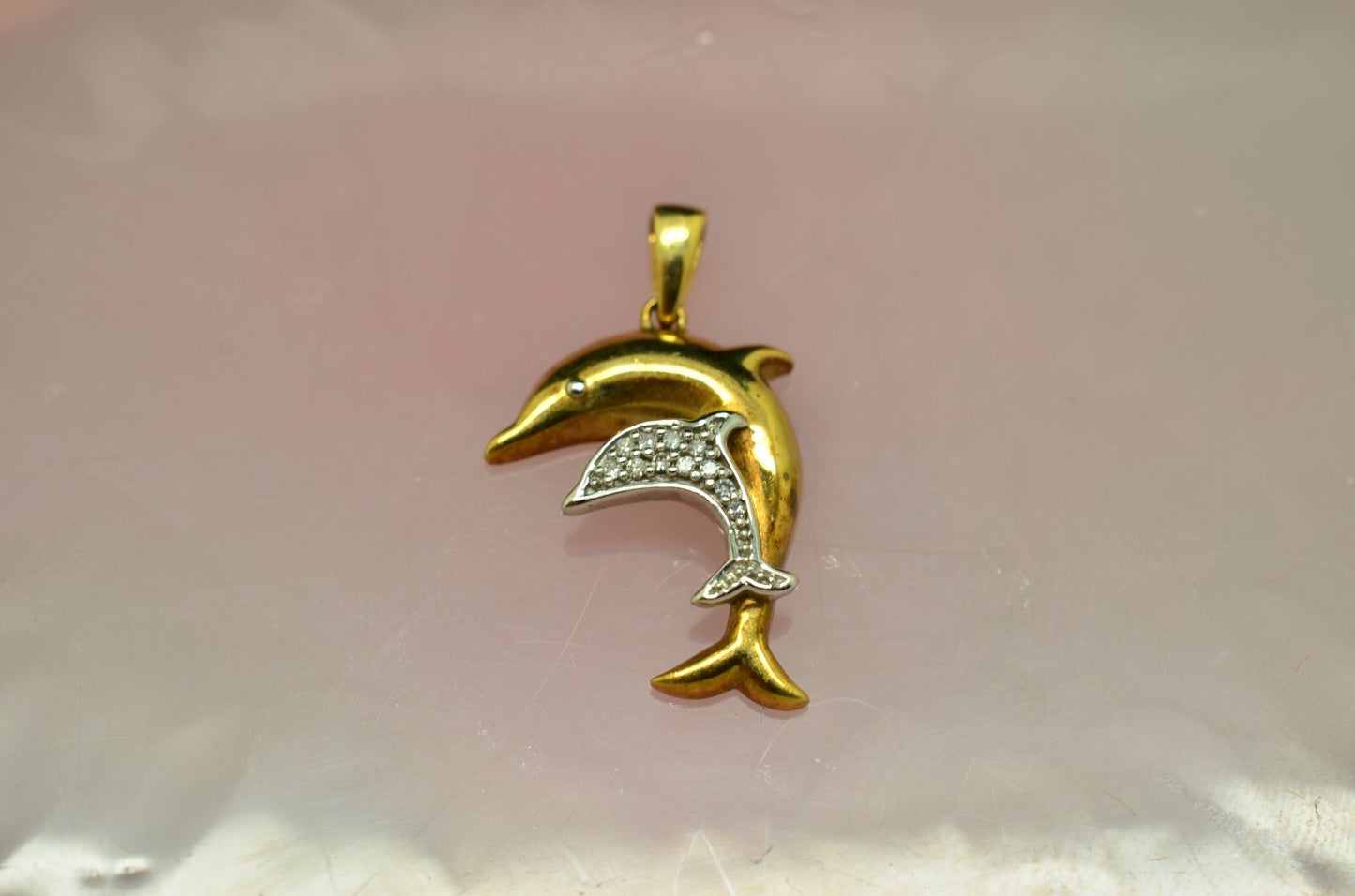 10K Yellow & White Gold Mother & Baby Dolphin pendant charm w/ diamonds