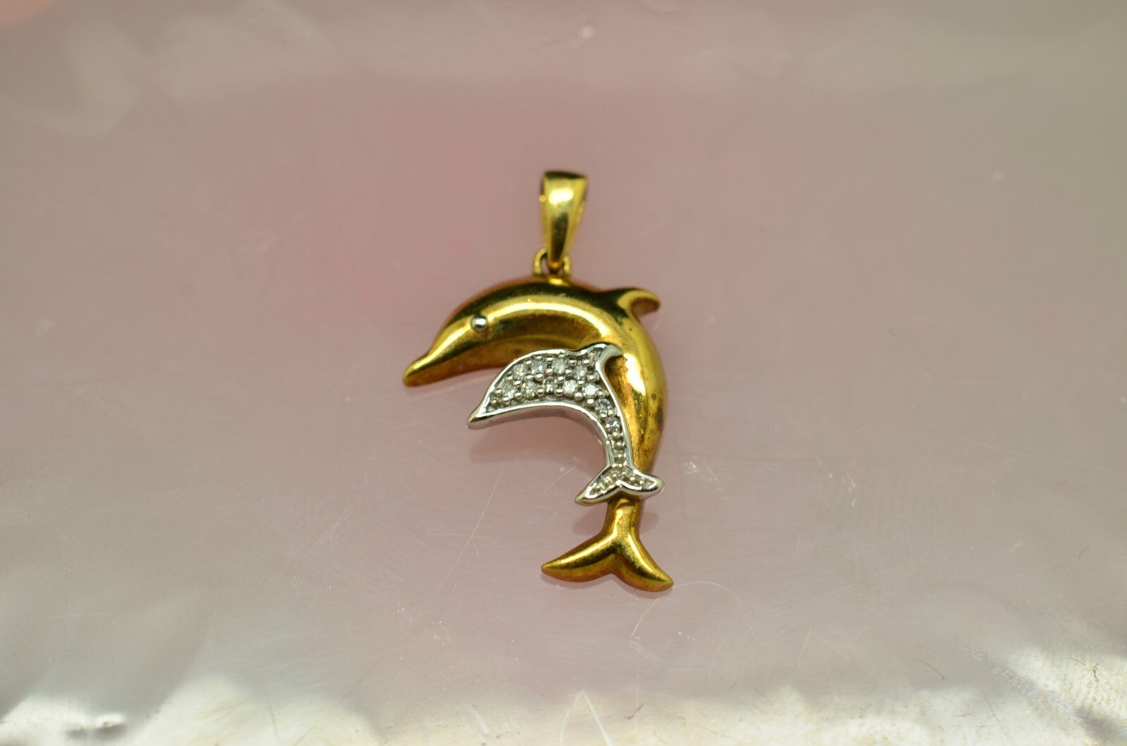 10K Yellow & White Gold Mother & Baby Dolphin pendant charm w/ diamonds