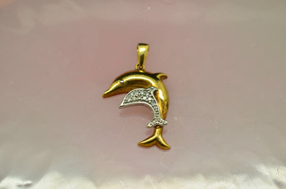 10K Yellow & White Gold Mother & Baby Dolphin pendant charm w/ diamonds