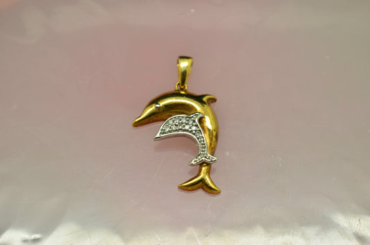 10K Yellow & White Gold Mother & Baby Dolphin pendant charm w/ diamonds