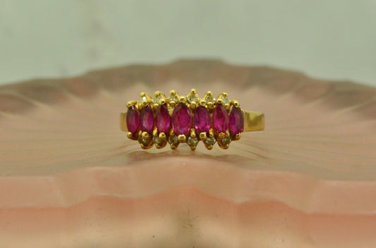 14K Yellow Gold pink ruby & diamond anniversary ring band size 6.75