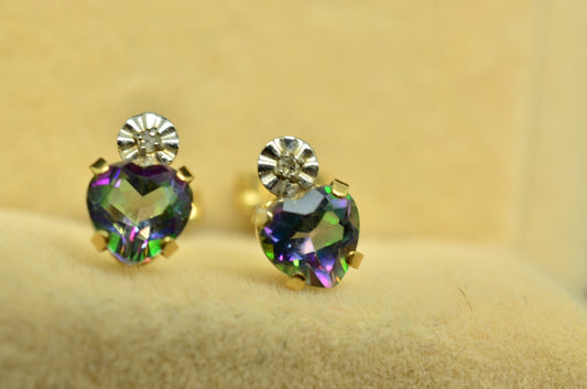 10K Yellow Gold Heart Cut Mystic Topaz Stud Earrings w/ CZ Accents