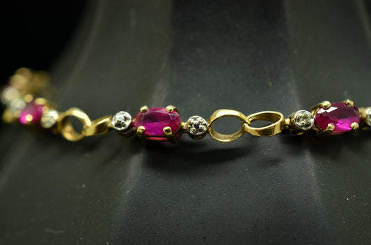 7" 10K Yellow Gold Pink Ruby Chain Bracelet 3.6mm 3.7 grams
