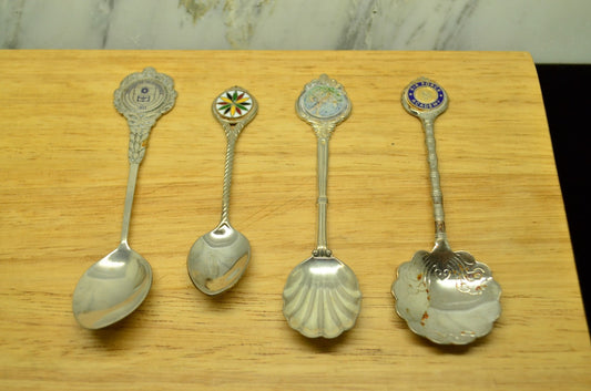 LOT OF 4 SILVER PLATED ENAMEL COLLECTOR SPOONS -VARIOUS
